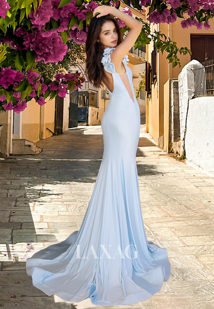 Floral Embossed Straps Deep V-Neck Sleeveless Off-Shoulder Mermaid Prom Dress with Sweep Train