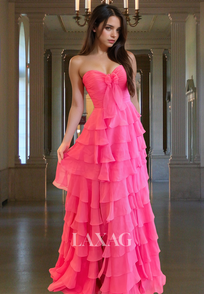 Sweetheart Off-Shoulder Sleeveless Fitted Prom Dress Pleated Bow Tiered Formal Gowns with Train