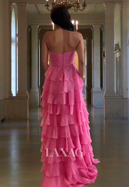 Sweetheart Off-Shoulder Sleeveless Fitted Prom Dress Pleated Bow Tiered Formal Gowns with Train