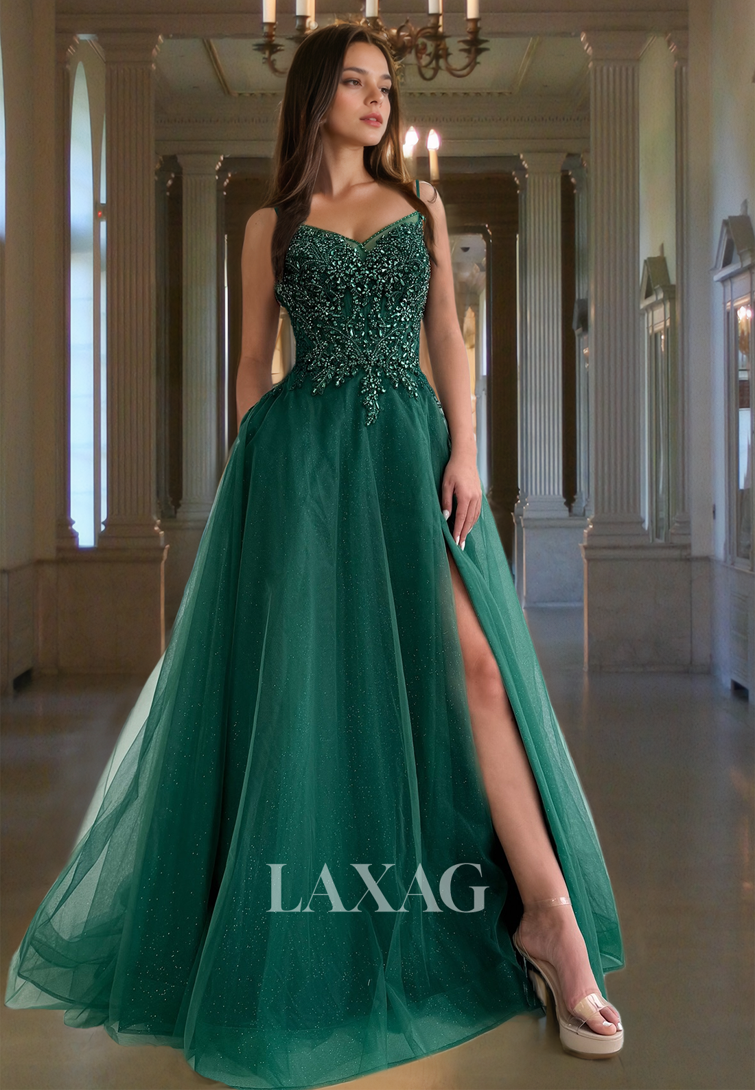 A-Line V-Neck Spaghetti Straps Sleeveless Beaded Applique Glitter-Knit Prom Dress with High Slit