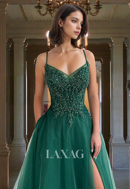 A-Line V-Neck Spaghetti Straps Sleeveless Beaded Applique Glitter-Knit Prom Dress with High Slit