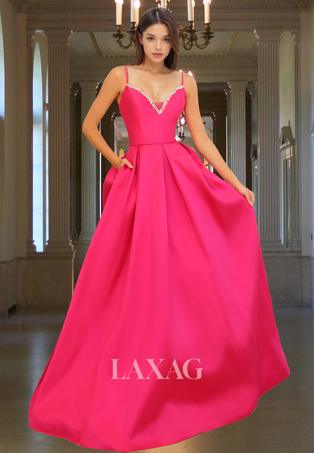 Beaded V-Neck Spaghetti Straps Pleated A-Line Prom Dress Off-Shoulder Sleeveless Satin Party Gowns