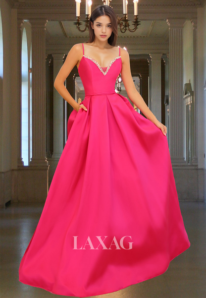 Beaded V-Neck Spaghetti Straps Pleated A-Line Prom Dress Off-Shoulder Sleeveless Satin Party Gowns