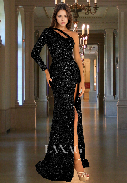 Asymmetrical-Neck One-Long-Sleeve Fully Sequined Cutout High Slit Sweep Train Mermaid Prom Dress