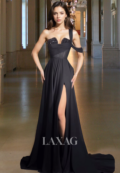 One-Strap Off-Shoulder Sleeveless Party Gowns Beaded Sweetheart Pleated A-Line Prom Dress with Slit