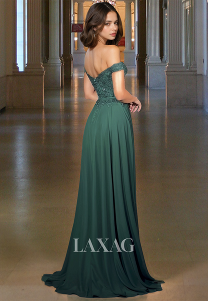 V-Neck Off-Shoulder Sleeveless Fitted Prom Dress Pleated Lace Applique Beaded Chiffon Evening Gowns