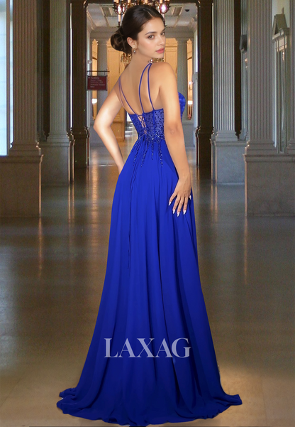 Spaghetti Straps Sequined Beaded Formal Gowns V-Neck Off-Shoulder Sleeveless Chiffon Fitted Prom Dress