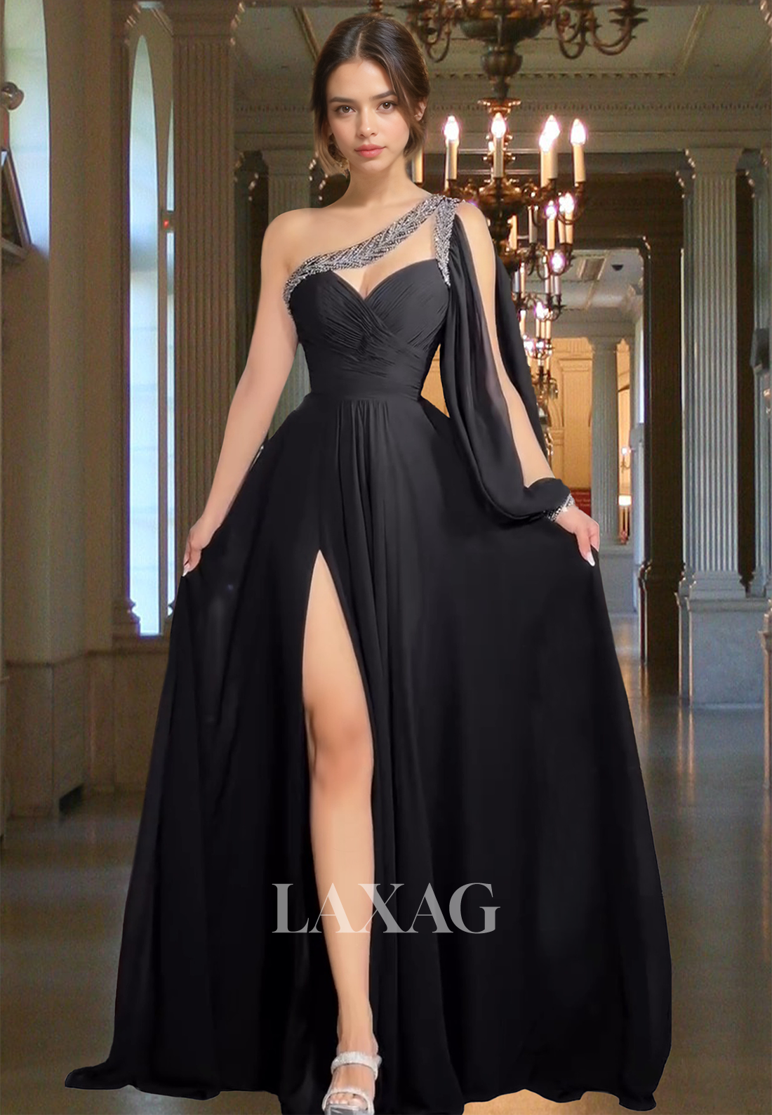 Beaded One-Strap Sweetheart Off-Shoulder Formal Gowns Sleeveless Pleated Chiffon A-Line Prom Dress