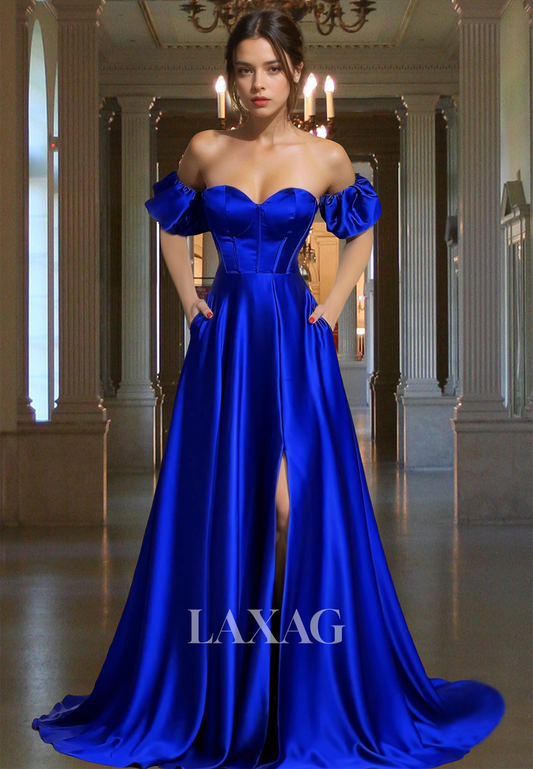 Off-Shoulder Sweetheart Pleated A-Line Prom Dress Puff-Sleeves High Slit Satin Evening Gowns