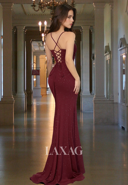 Spaghetti Straps Pleated Glitter-Knit Mermaid Prom Dress V-Neck Sleeveless High Slit Party Gowns