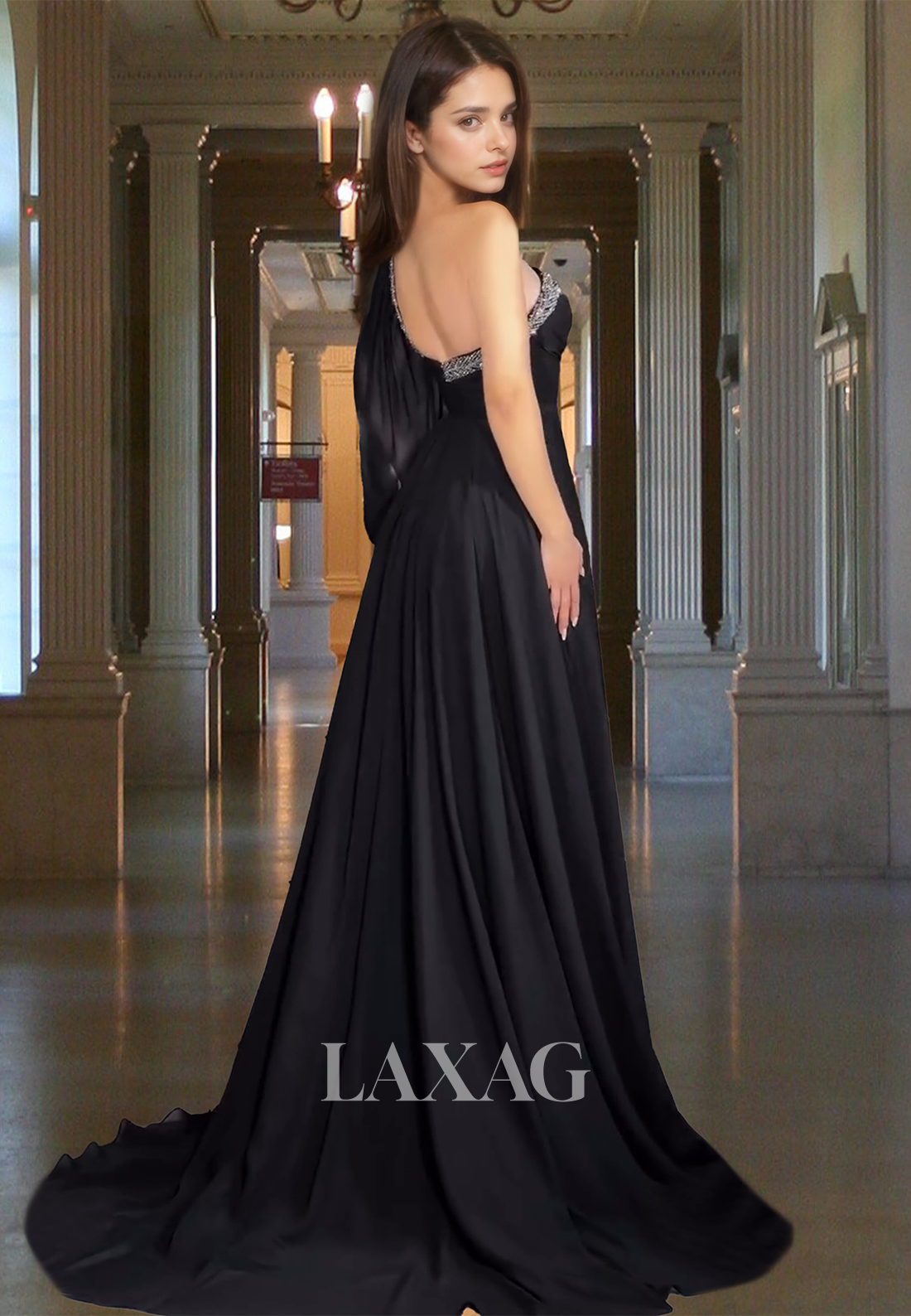 Beaded One-Strap Sweetheart Off-Shoulder Formal Gowns Sleeveless Pleated Chiffon A-Line Prom Dress