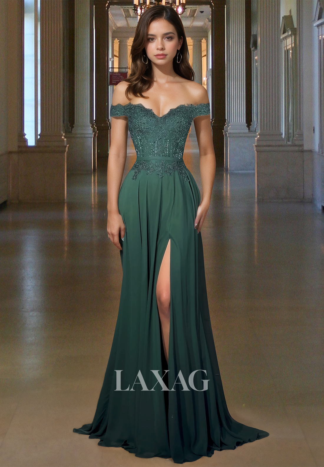 V-Neck Off-Shoulder Sleeveless Fitted Prom Dress Pleated Lace Applique –  Laxag