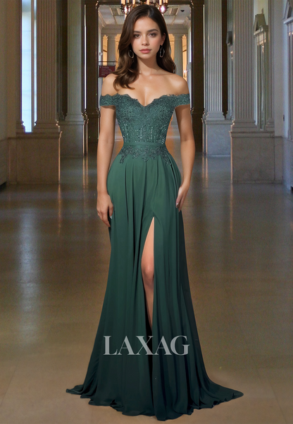 V-Neck Off-Shoulder Sleeveless Fitted Prom Dress Pleated Lace Applique Beaded Chiffon Evening Gowns