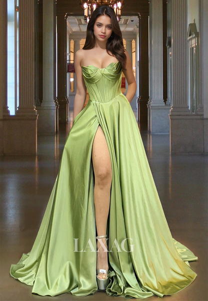 Sweetheart Off-Shoulder Sleeveless A-Line Prom Dress Pleated Satin Evening Gowns with High Slit