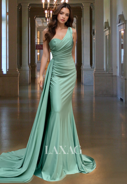 Asymmetrical-Neck Off-Shoulder Sleeveless Mermaid Prom Dress Pleated Sweep Train Formal Gowns