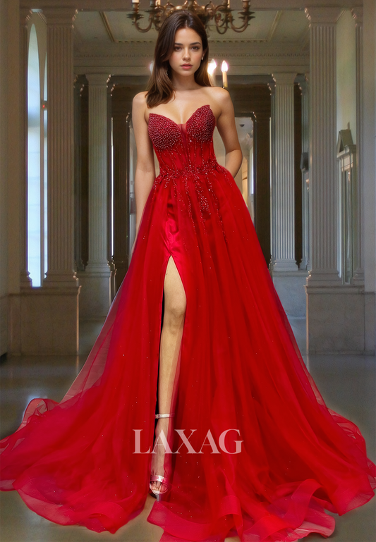 Beaded Sweetheart Off-Shoulder Sleeveless Party Gowns Pleated High Slit Tulle A-Line Prom Dress