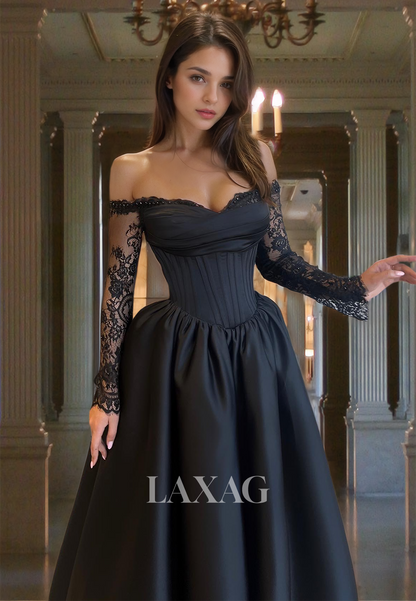 A-Line Sweetheart Lace Long-Sleeves Prom Dress Off-Shoulder Pleated Beaded Satin Midi Evening Gowns