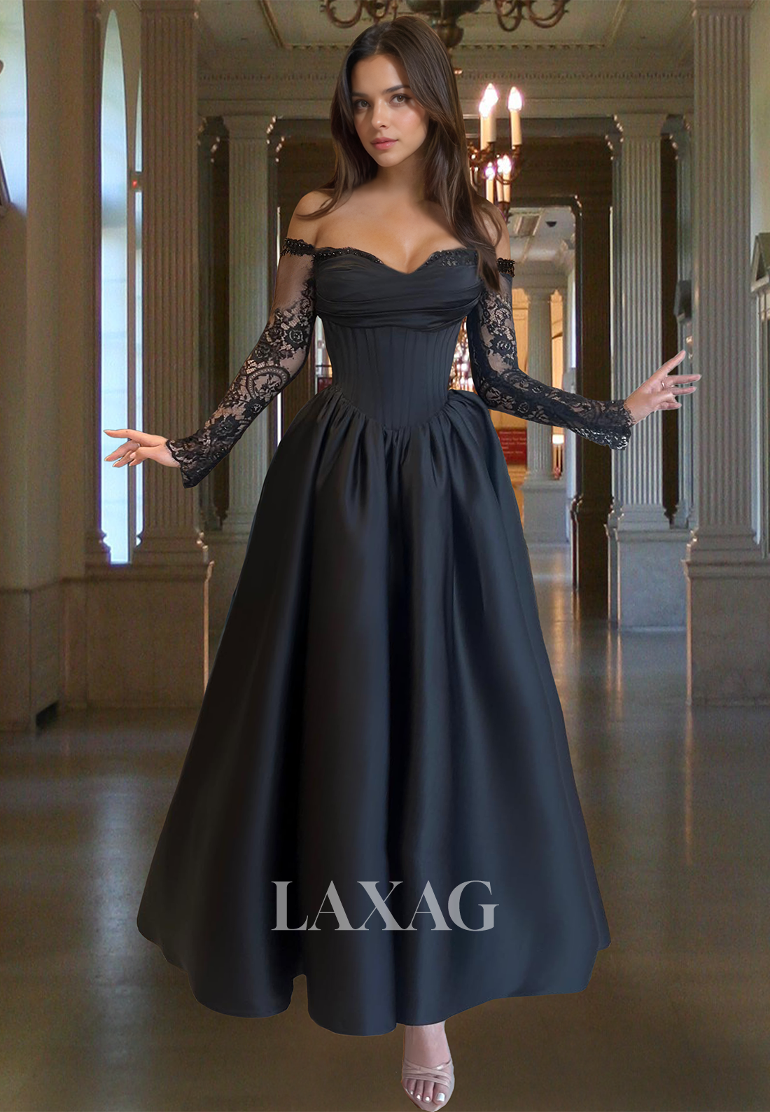 A-Line Sweetheart Lace Long-Sleeves Prom Dress Off-Shoulder Pleated Beaded Satin Midi Evening Gowns