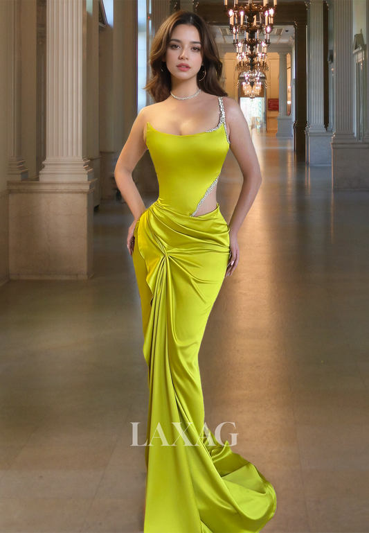 Scoop-Neck One Spaghetti Strap Sleeveless Formal Gowns Off-Shoulder Pleated Beaded Mermaid Prom Dress