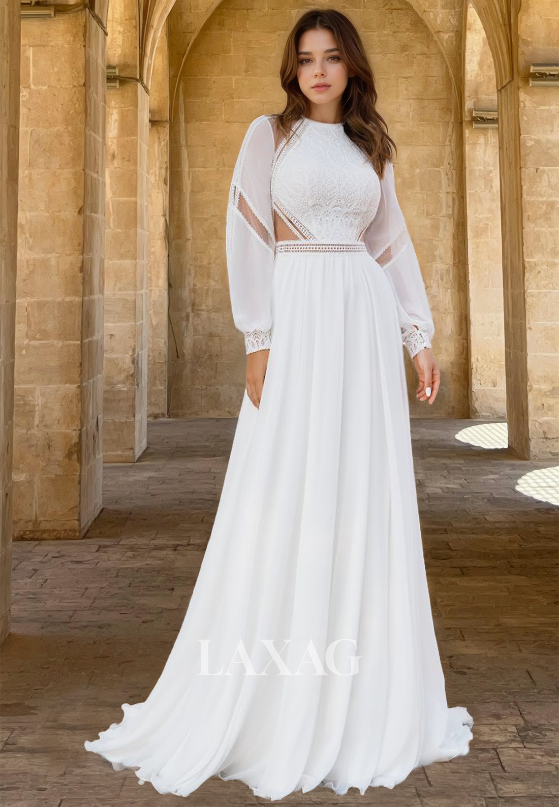 knee length dresses for ladies High Scoop-Neck Beaded Lace Applique Bride Gowns Long-Sleeves Chiffon  A-Line Wedding Dress