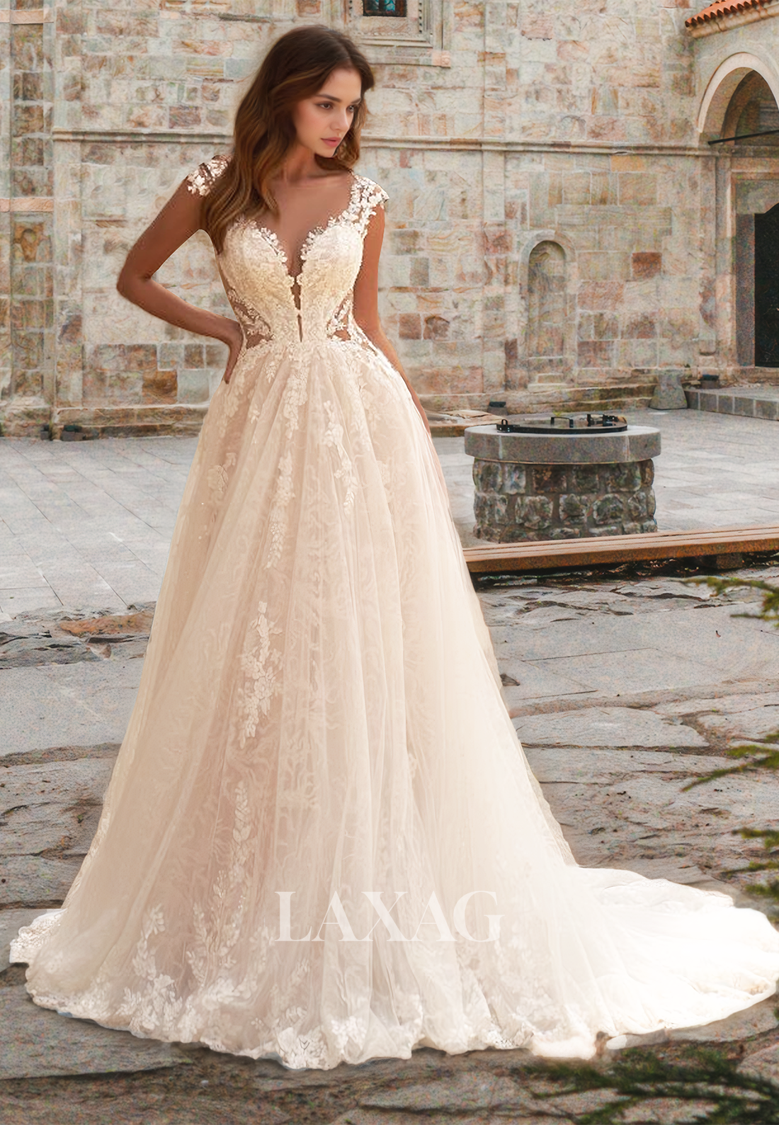 allover lace wedding dress Square Neck Lace A-Line Wedding Dress