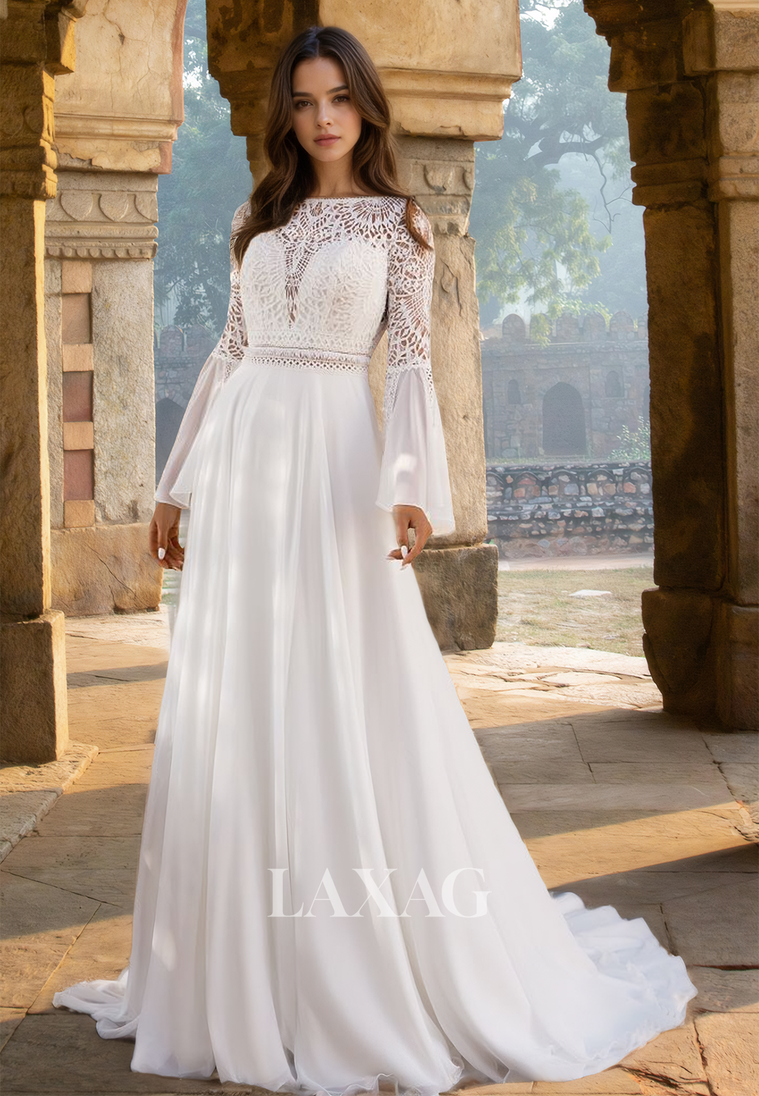 scoop neck long sleeve wedding dress Eden Lace High-Neck Wedding Dress