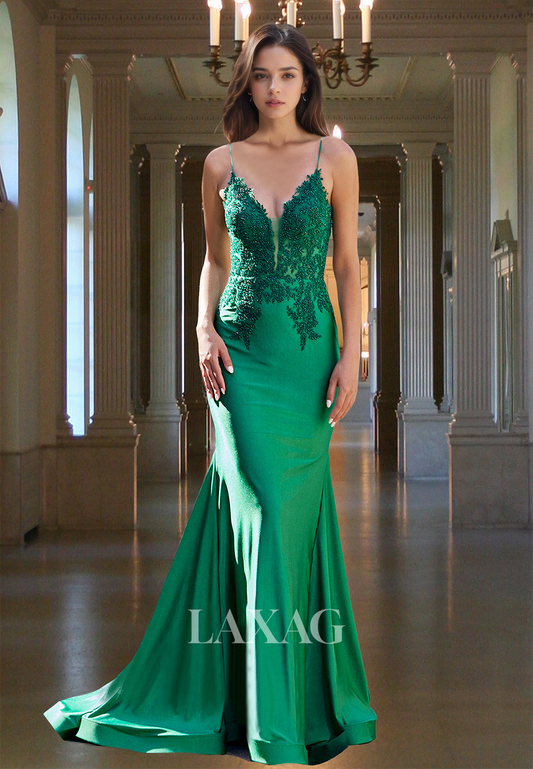 Spaghetti Straps V-Neck Sleeveless Formal Gowns Beaded Applique Mermaid Prom Dress with Sweep Train