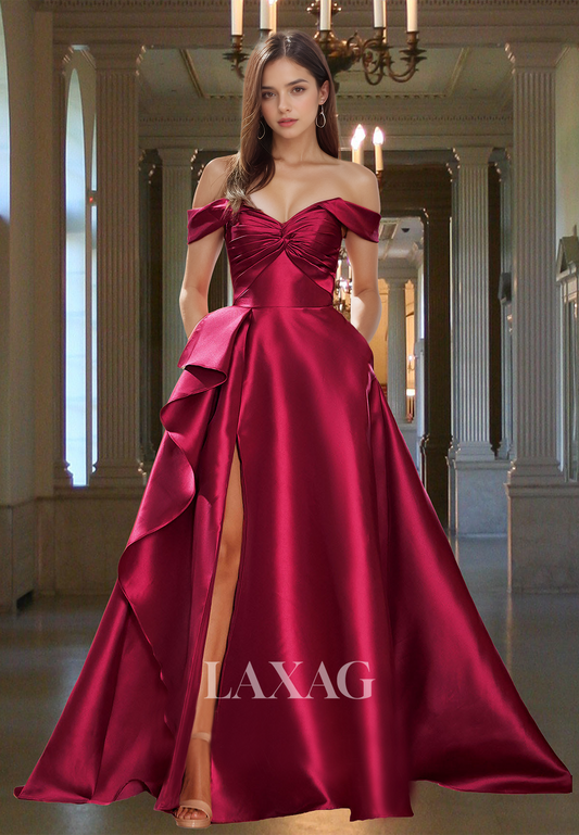 Sweetheart Sleeveless Satin A-Line Prom Dress Pleated Floor-Length Evening Gowns with High Slit