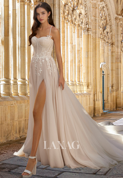 Sweetheart Off-Shoulder Sleeveless Bride Gowns Spaghetti Straps Applique Pleated A-Line Wedding Dress