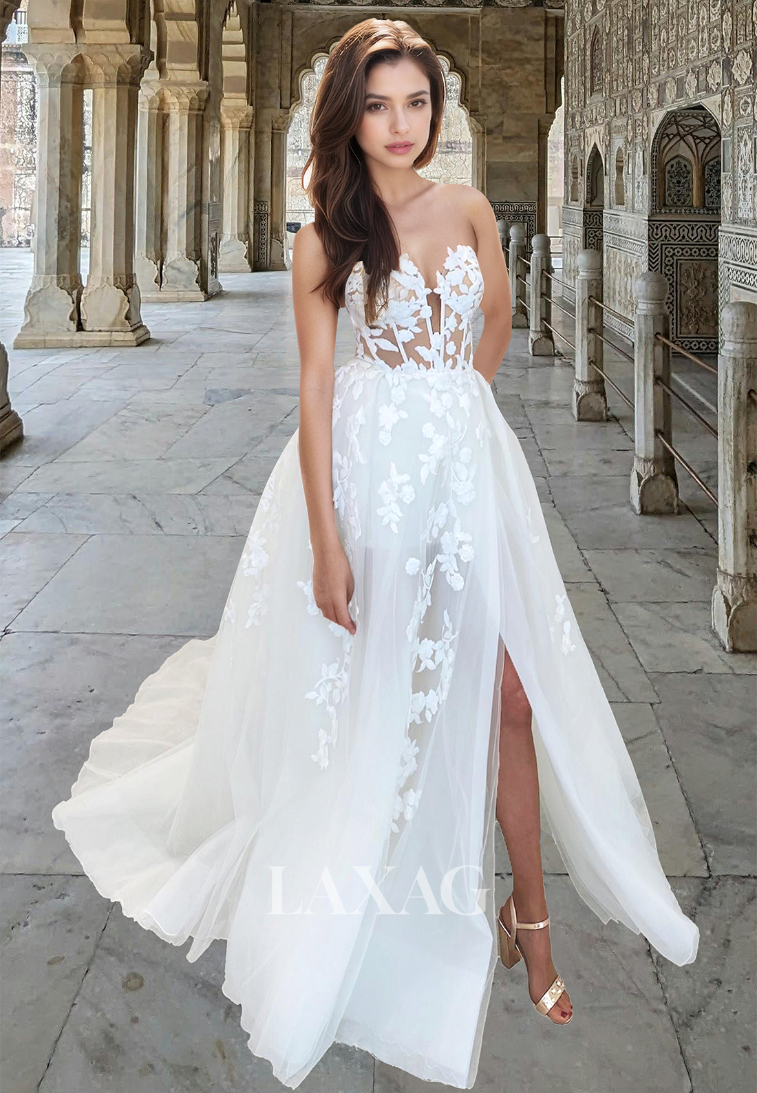 off shoulder high low wedding dress Sweetheart Sleeveless Lace Applique Bride Gowns Off-Shoulder Tulle A-L –  Laxag