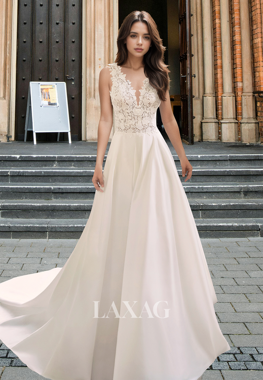 V-Neck Straps Off-Shoulder Sleeveless A-Line Wedding Dress Lace Applique Cutout Bride Gowns with Sweep Train