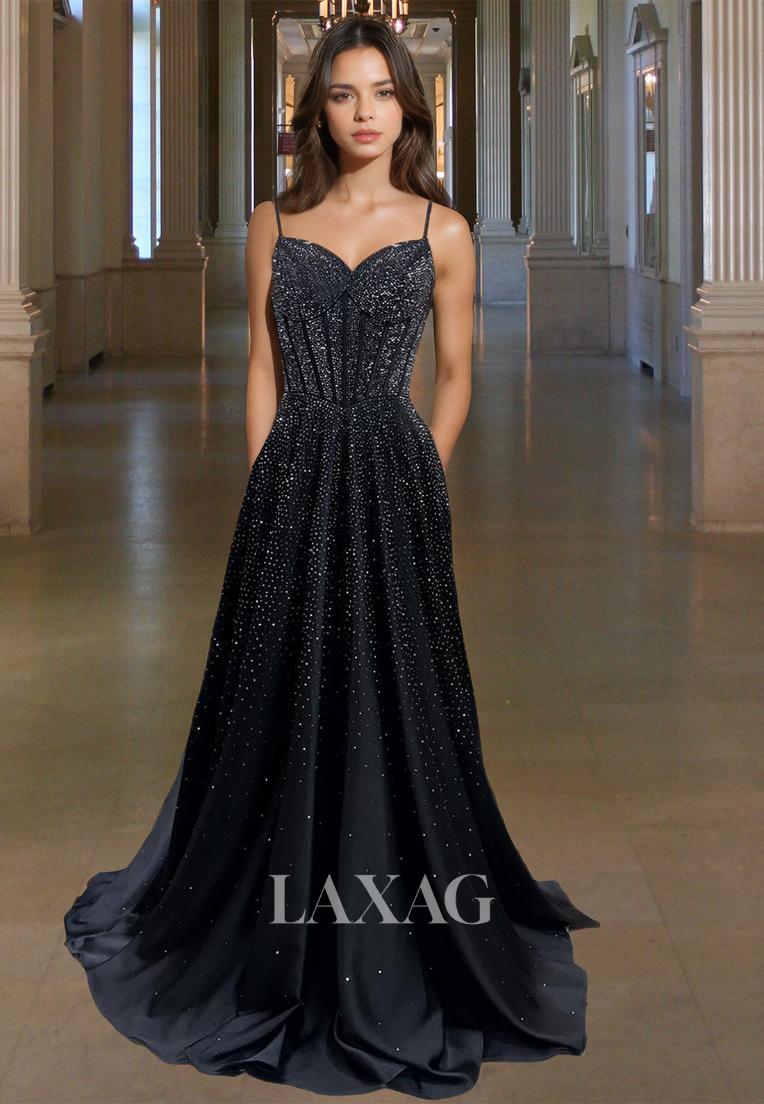 A-Link V-Neck Spaghetti Straps Off-Shoulder Sleeveless Prom Dress Fully Beaded Pleated Evening Gowns