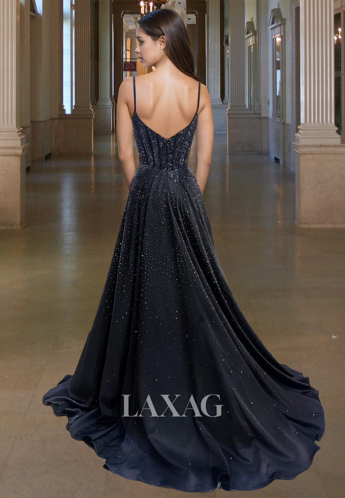 A-Link V-Neck Spaghetti Straps Off-Shoulder Sleeveless Prom Dress Fully Beaded Pleated Evening Gowns