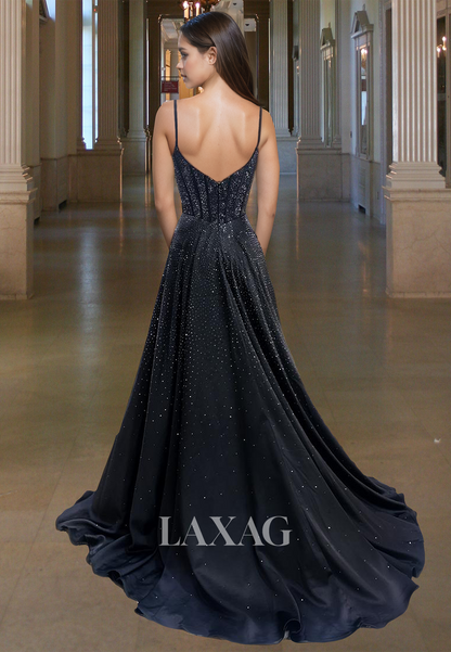 A-Link V-Neck Spaghetti Straps Off-Shoulder Sleeveless Prom Dress Fully Beaded Pleated Evening Gowns