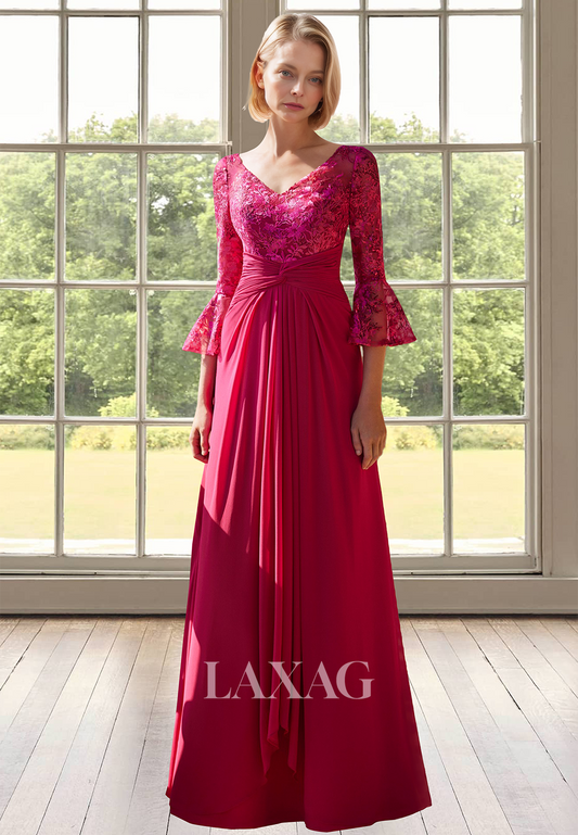 V-Neck Half-Sleeves A-Line Mother of the Bride Dress Lace Applique Pleated Floor-Length Cocktail Gowns