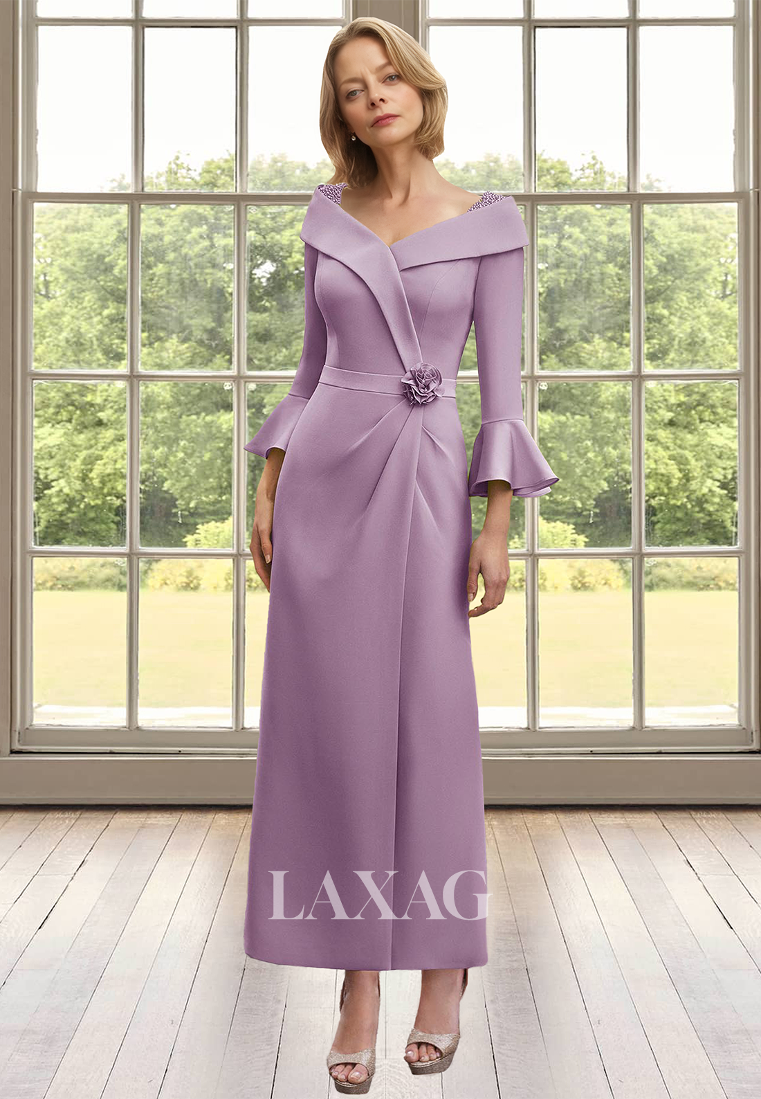 Bell-Long-Sleeves V-Neck Cocktail Gowns Satin Pleated Midi Mermaid Mother of the Bride Dress