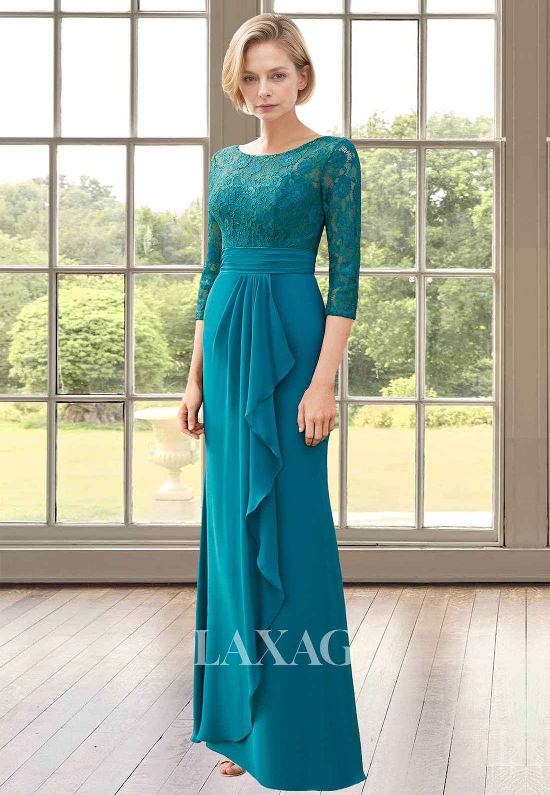 Scoop-Neck Half-Sleeves Lace Applique Pleated Floor-Length Cutout Fitted Mother of the Bride Dress