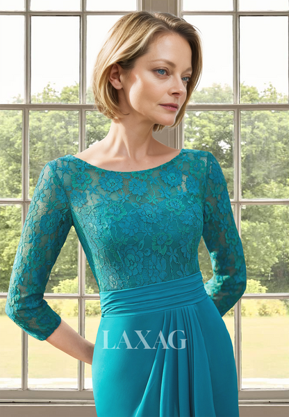 Scoop-Neck Half-Sleeves Lace Applique Pleated Floor-Length Cutout Fitted Mother of the Bride Dress