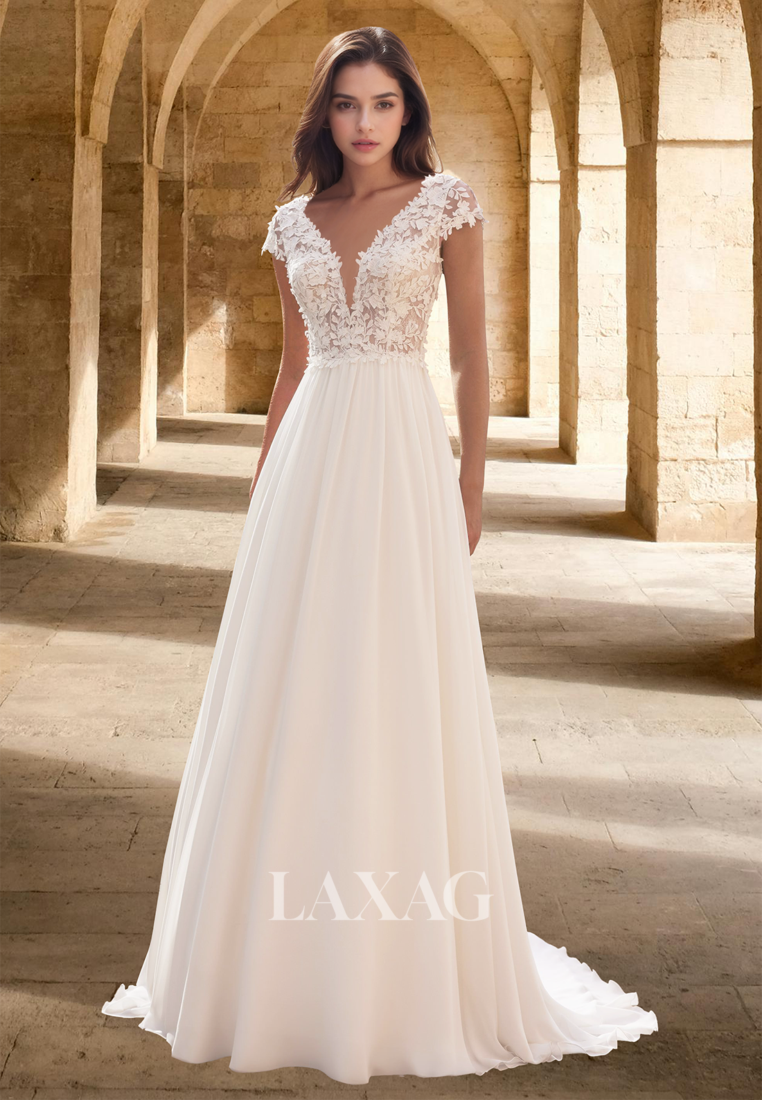 short sleeve a line wedding dress Deep V-Neck Spaghetti Straps Short-Sleeves A-Line Wedding Dress Lace A –  Laxag