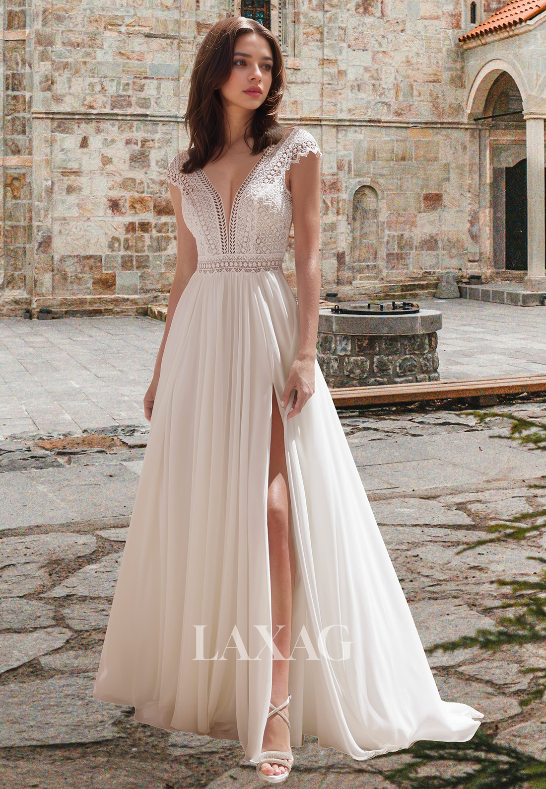 Lace Applique Cutout Pleated Bride Gowns Deep V-Neck Cap-Sleeves Chiff Laxag Lace Applique Cutout Pleated Bride Gowns Deep V-Neck Cap-Sleeves Chiff Laxag