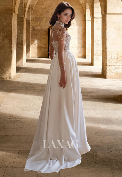 A-Line High Scoop-Neck Long-Sleeves Wedding Dress Beaded Pleated Satin Bride Gowns with Train