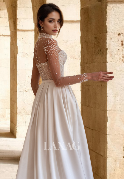 A-Line High Scoop-Neck Long-Sleeves Wedding Dress Beaded Pleated Satin Bride Gowns with Train