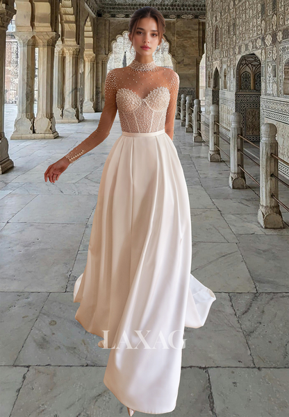 A-Line High Scoop-Neck Long-Sleeves Wedding Dress Beaded Pleated Satin Bride Gowns with Train