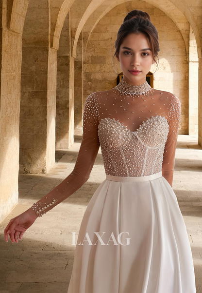 A-Line High Scoop-Neck Long-Sleeves Wedding Dress Beaded Pleated Satin Bride Gowns with Train