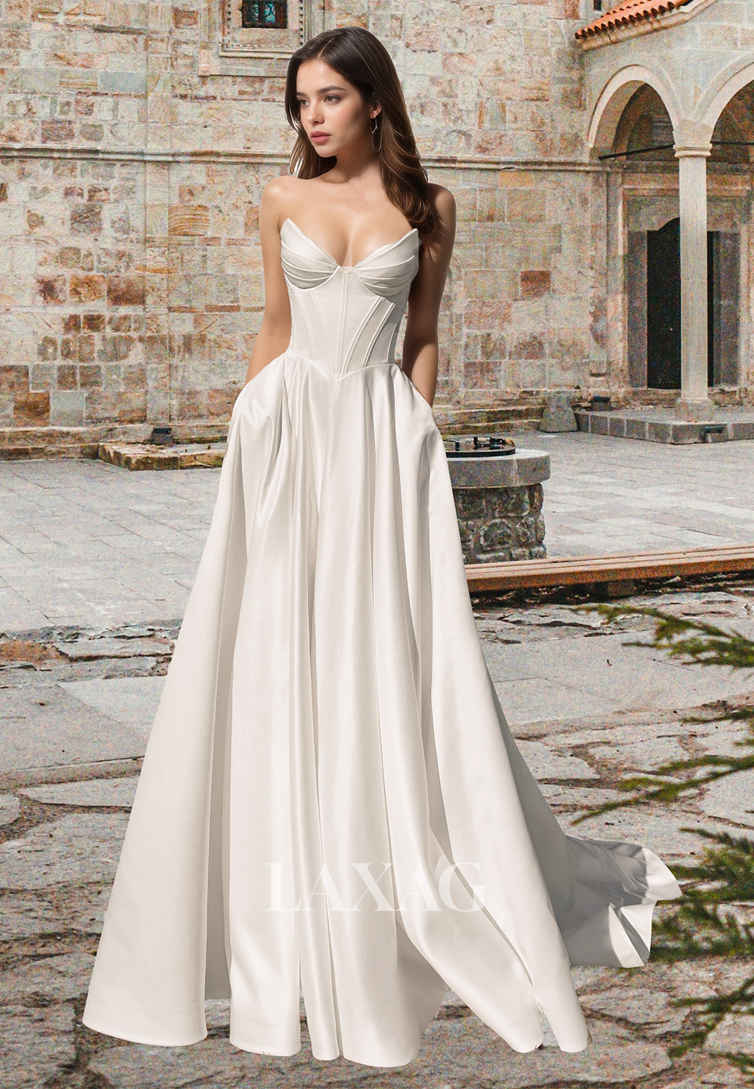 pleated a line wedding dress Ivory Wedding Dress 2026 A-line V-neck Stretch Crepe Chapel Train