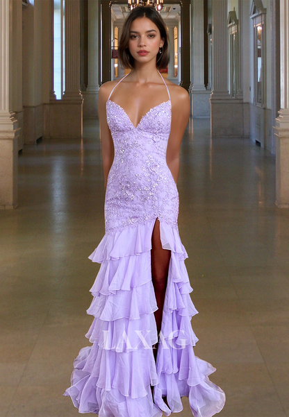 Spaghetti Straps V-Neck Off-Shoulder Sleeveless Beaded Applique Chiffon Tiered Mermaid Prom Dress
