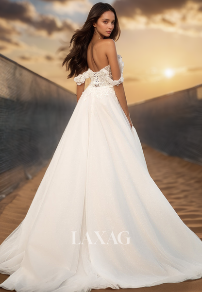 Sweetheart Beaded Lace  Applique A-Line Wedding Dress Sleeveless Pleated High Slit Chiffon Bride Gowns