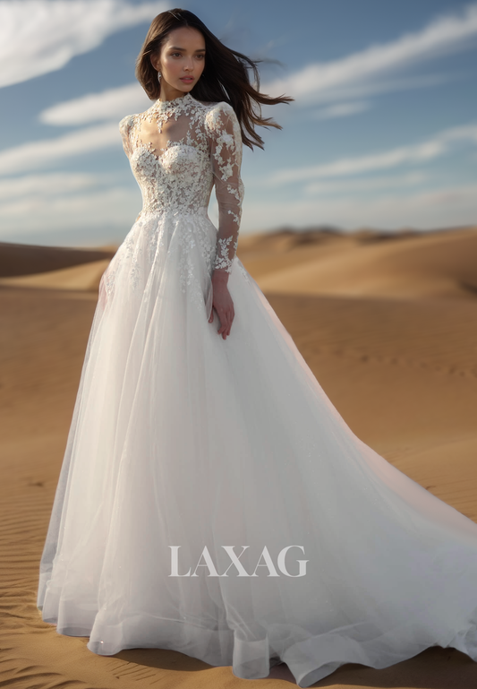High-Neck Long-Sleeves Lace Applique Pleated Sheer Tulle A-Line Wedding Dress with Train
