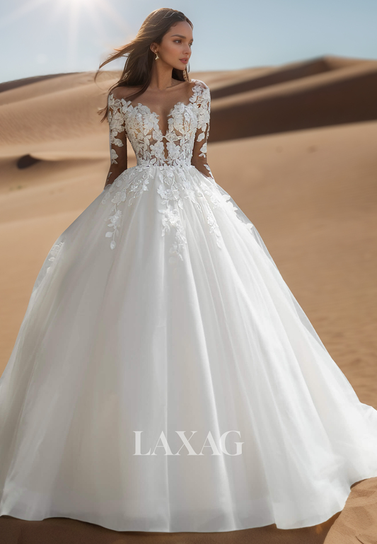 Sweetheart Long-Sleeves Applique Sequined Bride Gowns Pleated Cutout Tulle A-Line Wedding Dress