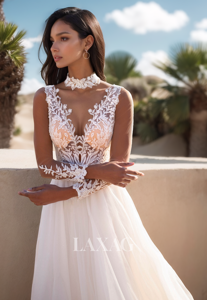 Halter Deep V-Neck Straps Off-Shoulder Long-Sleeves Applique Pleated Sheer Tulle A-Line Wedding Dress